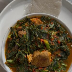 Bowl of spinach soup with assorted beef + 1 wrap (pounded yam, FuFu, Amala , semolina)