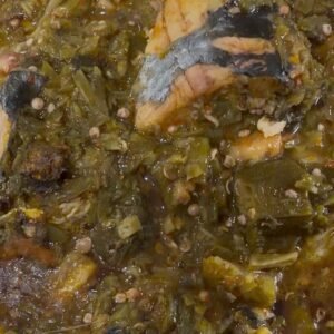 Bowl of seafood okra with assorted fish and shrimps