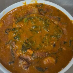 Bowl of Ogbono soup with assorted beef