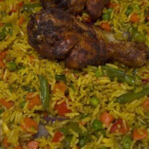 Stir fry fried rice plate served with 2 proteins